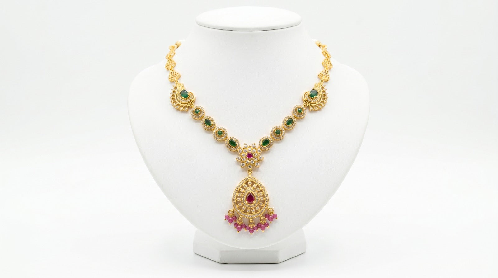 Royal Emerald & Ruby Gold Plated Pendant Necklace