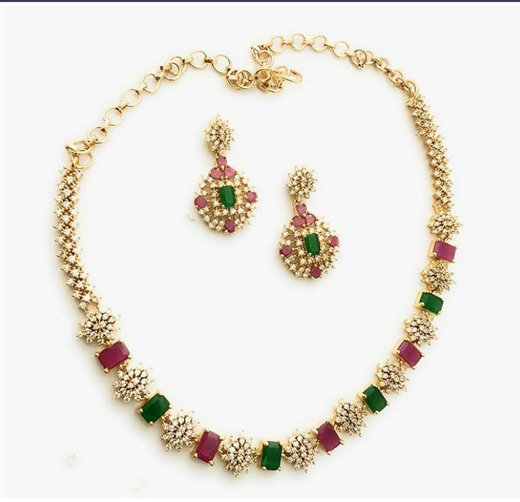 Emerald Ruby Floral Gold Plated Necklace Set