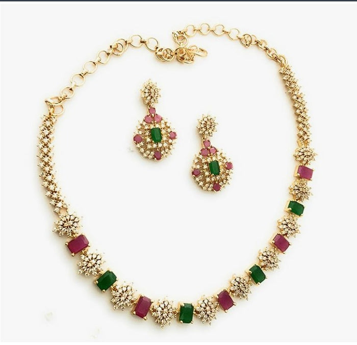 Emerald Ruby Floral Gold Plated Necklace Set